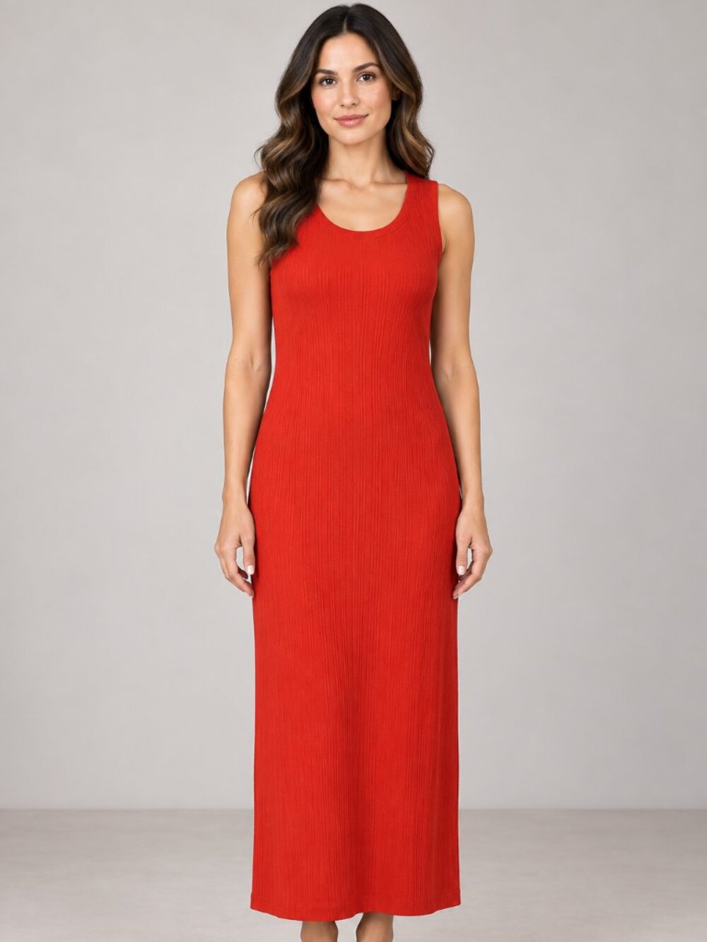 Nine West L Coral Ribbed Knit Midi Dress Sleeveless Scoop Neck Minimalist